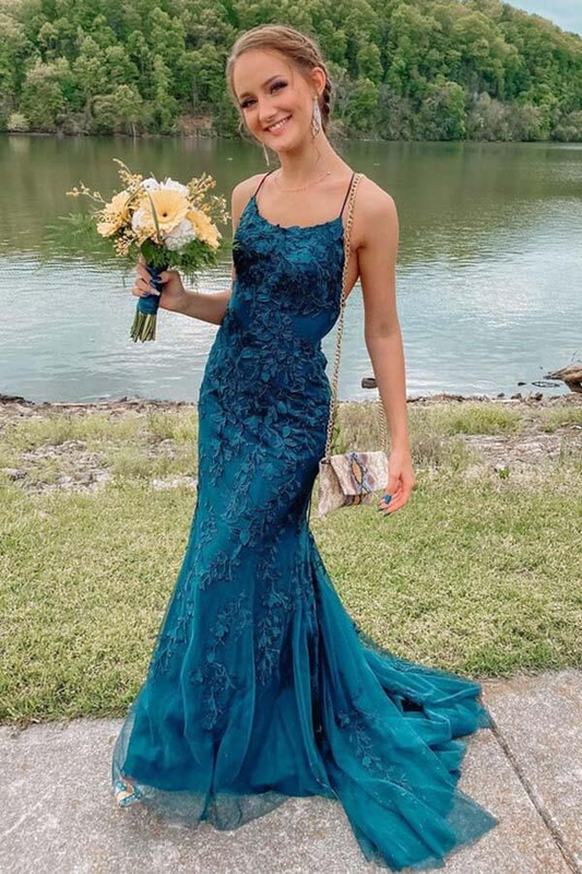 Tulle Lace Mermaid Spaghetti Straps Prom Dresses, Long Formal Dress,event dresses elegant cc350