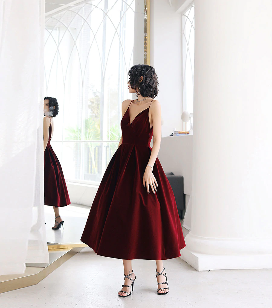 Burgundy v neck velvet short prom dress c2517