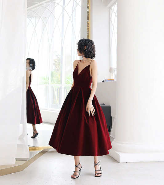 Burgundy v neck velvet short prom dress c2517