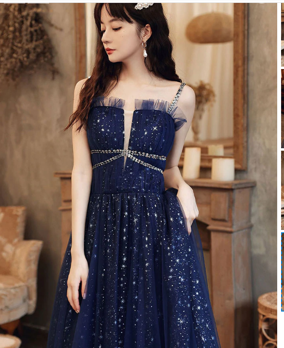Blue tulle A line sequin long prom dress, blue tulle formal dress C2378