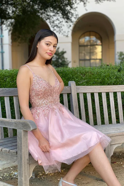 Pretty A Line Pink Beading Homecoming Dress, Short Spaghetti Straps Prom Dress,Formal Dresses c2947