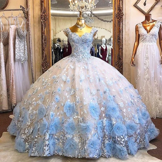 3D Flowers Sequined Quinceanera Dresses Sweet 16 Dress Light Sky Blue Flowers Ball Gown c3255
