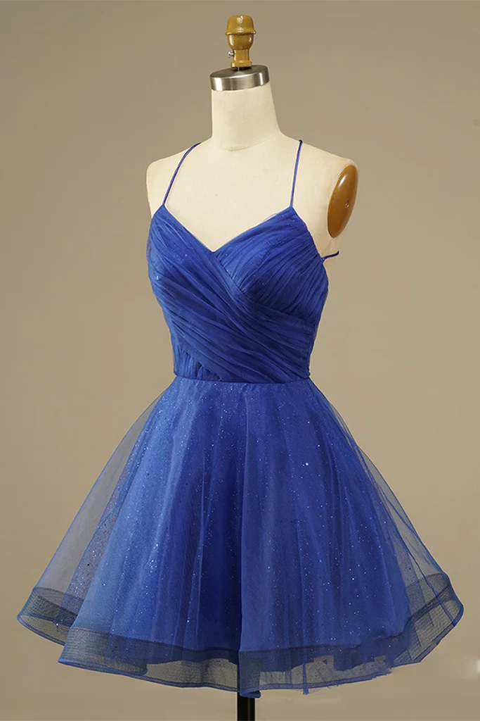 Royal Blue Mesh Net V-neck Homecoming Party Dress c3463