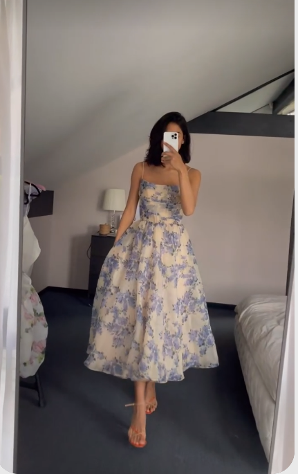 Tea-Length Party Dresses Spaghetti Straps Flower Print Prom Dress c2772