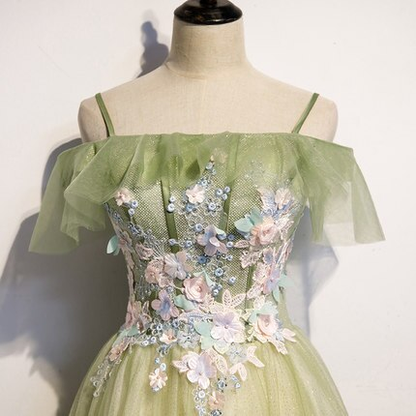 Light Green Pleated Floral Embroidery Long Prom Dress Medieval Renaissance Gown  cc23