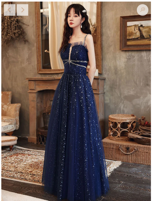 Blue tulle A line sequin long prom dress, blue tulle formal dress C2378