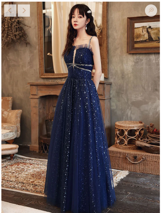 Blue tulle A line sequin long prom dress, blue tulle formal dress C2378