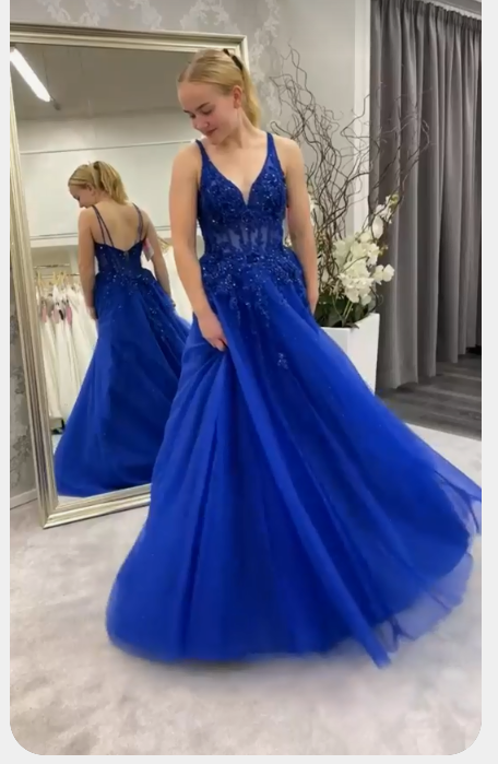 A-line V Neck Royal Blue Prom Dress Sleeveless Prom Dress Sweet 16 Dress C2350