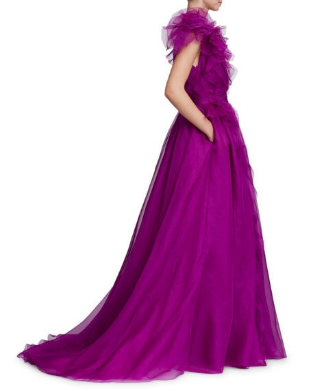 Deep V Neck Tulle Prom Dress Pur­ple Tulle Pan­el Evening Dress cc05