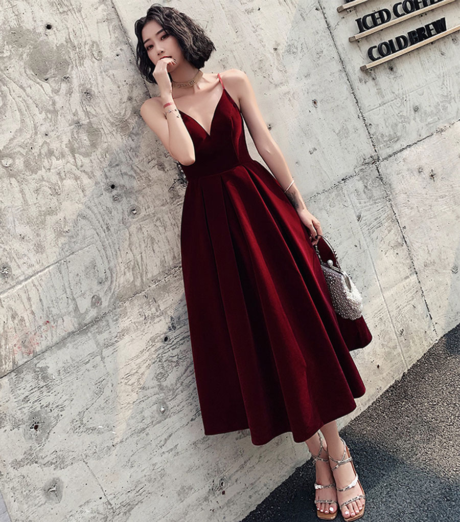 Burgundy v neck velvet short prom dress c2517