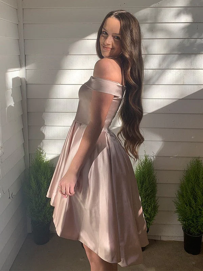 A-Line/Princess Off-the-Shoulder Satin Sleeveless Ruffles Short/Mini Homecoming Dresses c3013