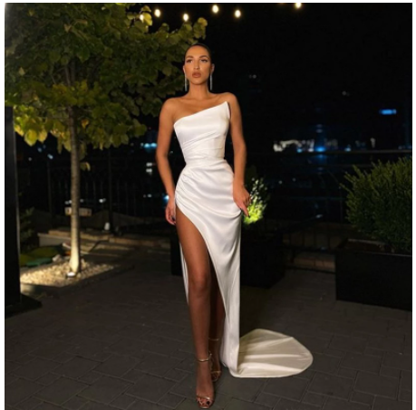 Sheath/Column Strapless Ruched Satin Sleeveless Sweep/Brush Train Long Prom Dresses C403
