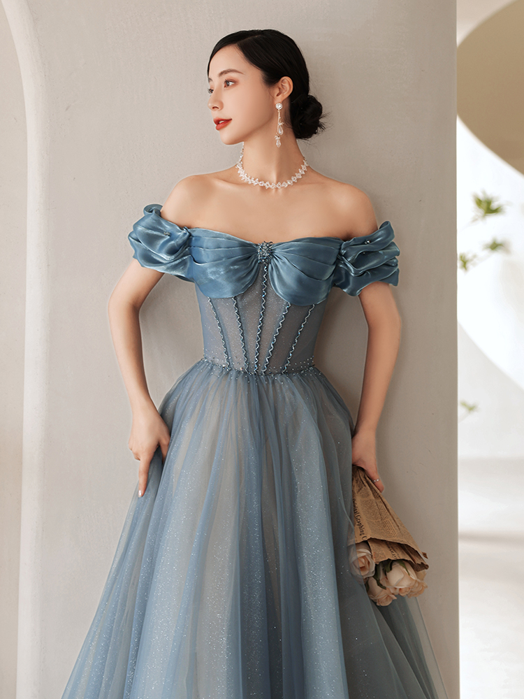 Fashion Women Evening Dress Floor Length Grey Blue Boat Neck Elegant A Line Dress Long Prom Dress cc64