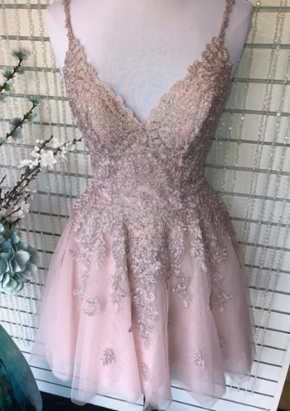 A Line Spaghetti Straps Blush Homecoming Dress With Appliques Beading c3035