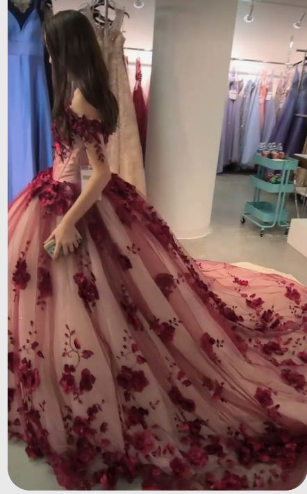 Red tulle flower strapless off the shoulder long train prom ball gown Sweet 16 Dress c2754