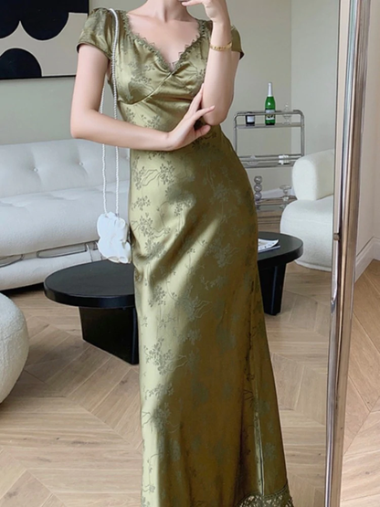 Summer Elegant Women Satin Backless Short Sleeve Lace Sexy Bandage Vintage Bodycon Vestidos Female Fashion Robe New Prom Dress c2501