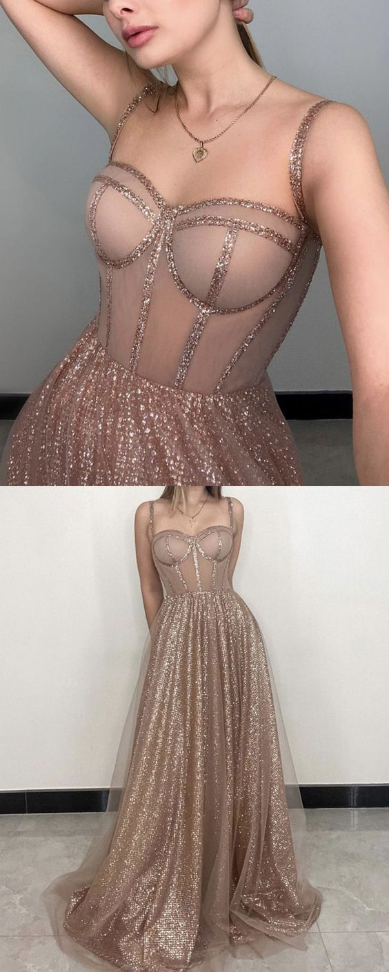 Sparkly Sweetheart Spaghetti Straps Evening Dress for Women Long Prom Dresses c3338