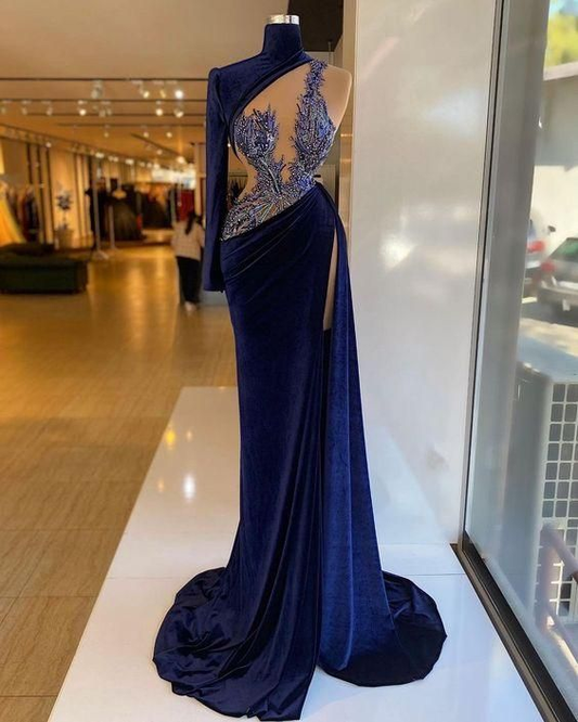 High Neck Velvet Prom Dress, Unique Evening Dress cc490