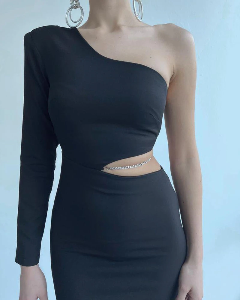 One Shoulder Chain Decor Cutout Bodycon Dress Party Dress c2509