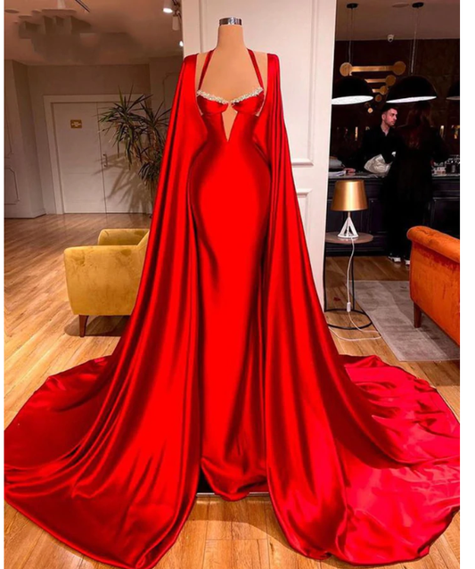 Elegant Red Satin Mermaid Prom Dresses with Long Scarves High Side Formal Evening Gowns C2394