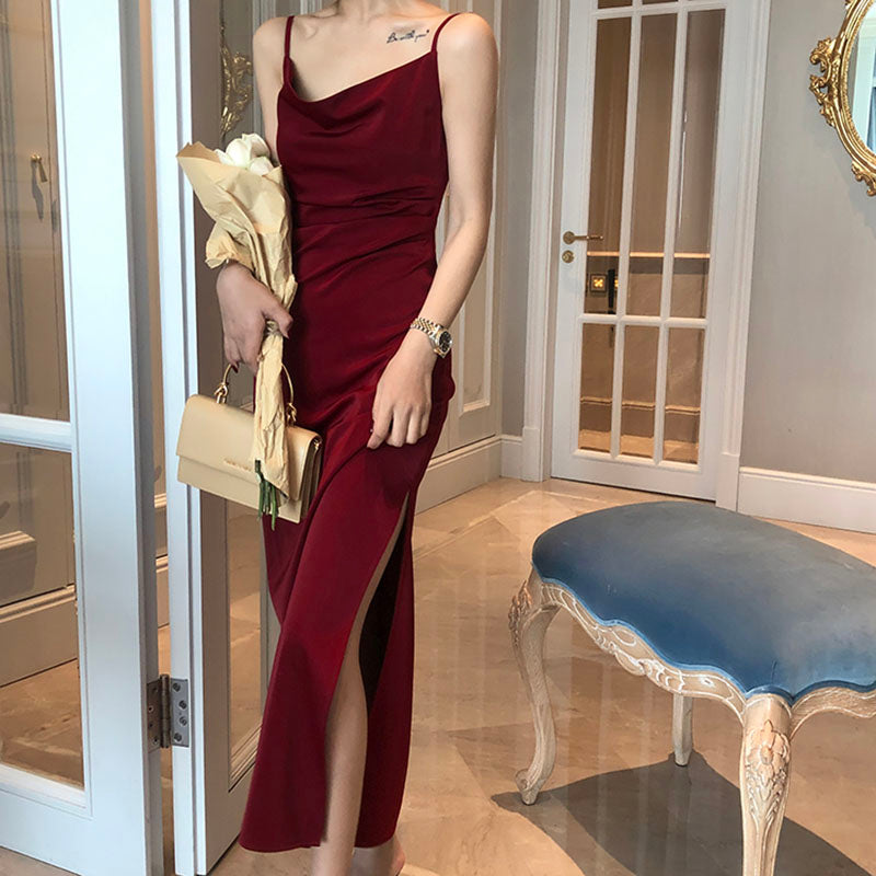 French Retro Sexy Swing Neck Sling Skirt Burgundy Prom Dress,Spaghetti Straps Classic Prom Dress  C1798