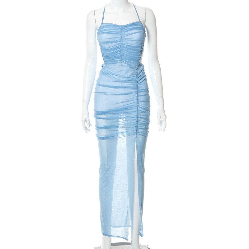 Blue Sexy Long Prom Dress See-through Prom Dress Beach Dress cc98