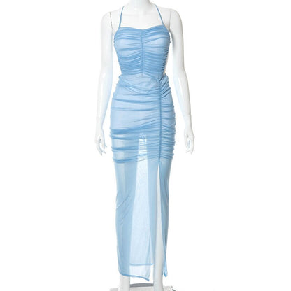 Blue Sexy Long Prom Dress See-through Prom Dress Beach Dress cc98