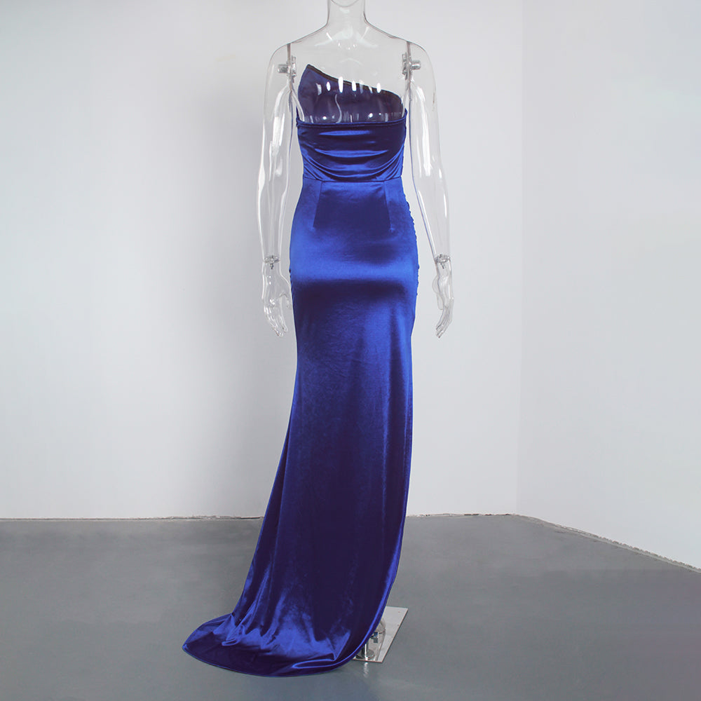 Sheath/Column Strapless Ruched Satin Sleeveless Sweep/Brush Train Long Prom Dresses C403