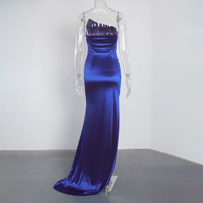 Sheath/Column Strapless Ruched Satin Sleeveless Sweep/Brush Train Long Prom Dresses C403
