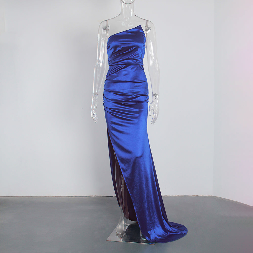 Sheath/Column Strapless Ruched Satin Sleeveless Sweep/Brush Train Long Prom Dresses C403