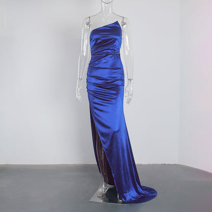 Sheath/Column Strapless Ruched Satin Sleeveless Sweep/Brush Train Long Prom Dresses C403