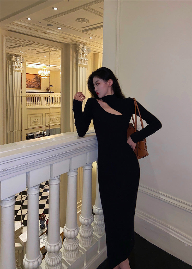 Black Sexy Off Shoulder Dress Women Vintage Elegant Highneck All Match Long Sleeve Bodycon Dresses Femme Party Dress Black Prom Dress c2477