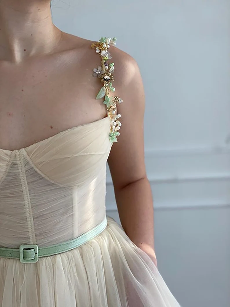 Beige Fairy Tulle Prom Dress  Beads Straps Fairy Prom Gown, Handmade Tea-length A-Line Tulle Ball Gown Wedding Dress c2752