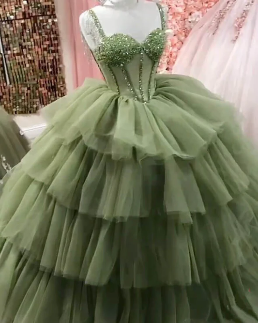 Sage Green Corset Ball Gown Ruffles Dress c3258