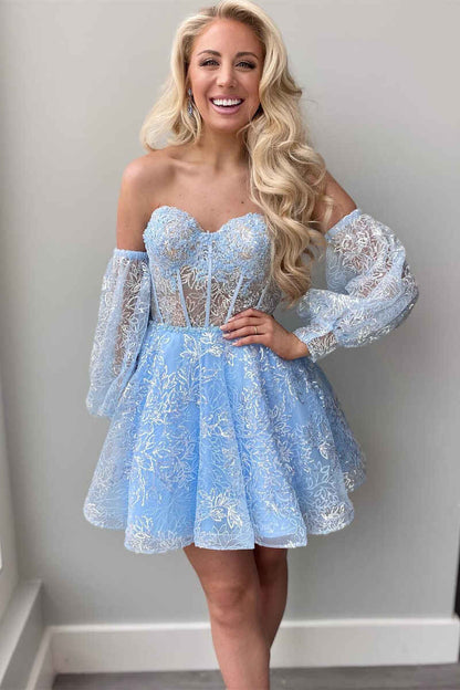 A-Line Ivory Sweetheart Puff Sleeve Short Party Dress c3126