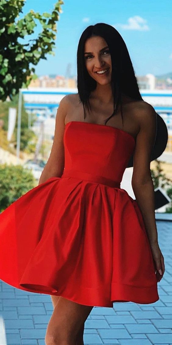 A Line Strapless Red Satin Pleats Homecoming Dresses c3254