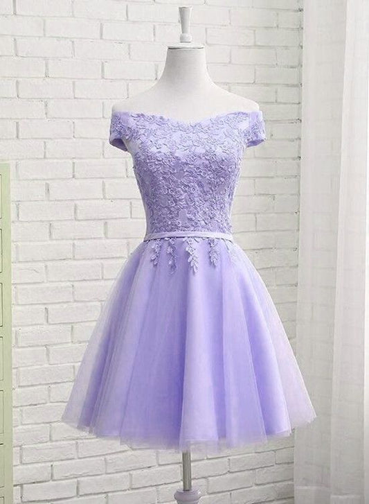 Light Purple Tulle Short Homecoming Dress Cute Off Shoulder Party Dress c3146