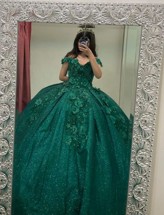 Off The Shoulder Ball Gown Green Sweet 16 Dress c2563