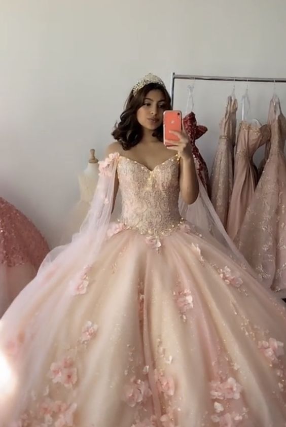 Pink Ball Gown With 3D Flowers Sweet 16 Dress  Romantic Pink Embroidery Cape Ball Gown 3D Floral  Beaded Long Sweet Frill Dress c2555