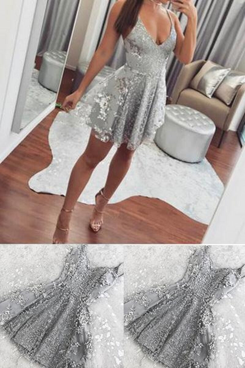 Silver Sequin Lace V Neck Tulle Dresses Short Homecoming Dress c2547