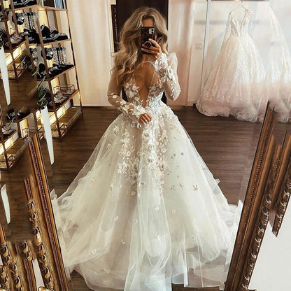 White lace appliqué long prom dress white evening dress C1280