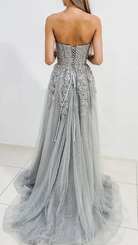 Gray tulle lace long A line prom dress evening dress c2567