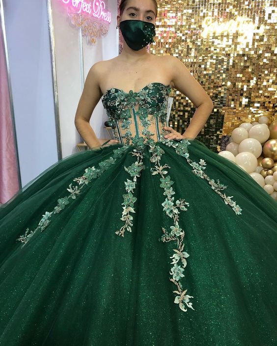 Green Ball Gown With Appliques Sweet 16 Dress Long Court Train c2559