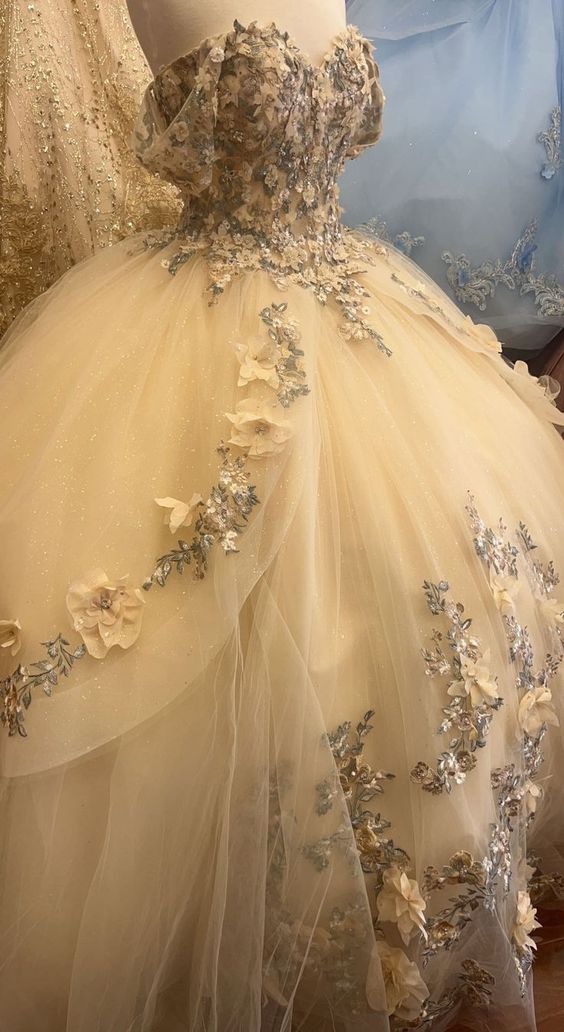 Champagne quince dress with flowers corest sweet16 dress off the shoulder ball gown c3300