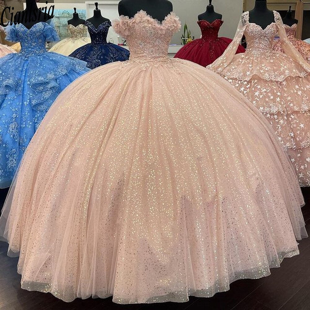 Off the shoulder pink ball gown glitter sweet 16 dress birthday dress c3265