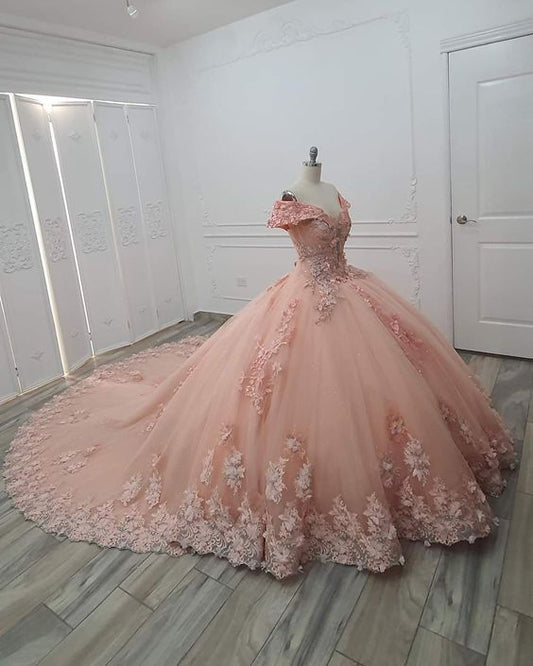 Off The Shoulder Pink Ball Gown Long Train Tulle Appliuqes Sweet 16 Dress c3268