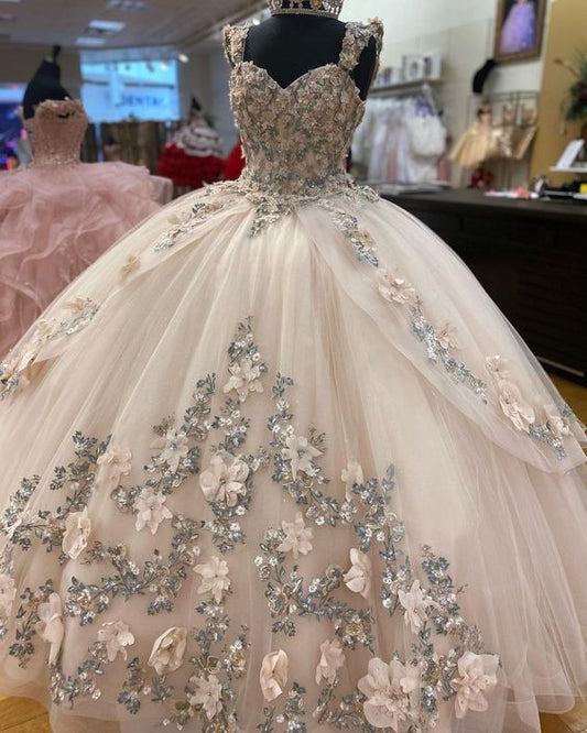 A-line Tulle Ball Gown Puffy Sweet 16 Dress 3D Flowers Birthday Dress  c3282