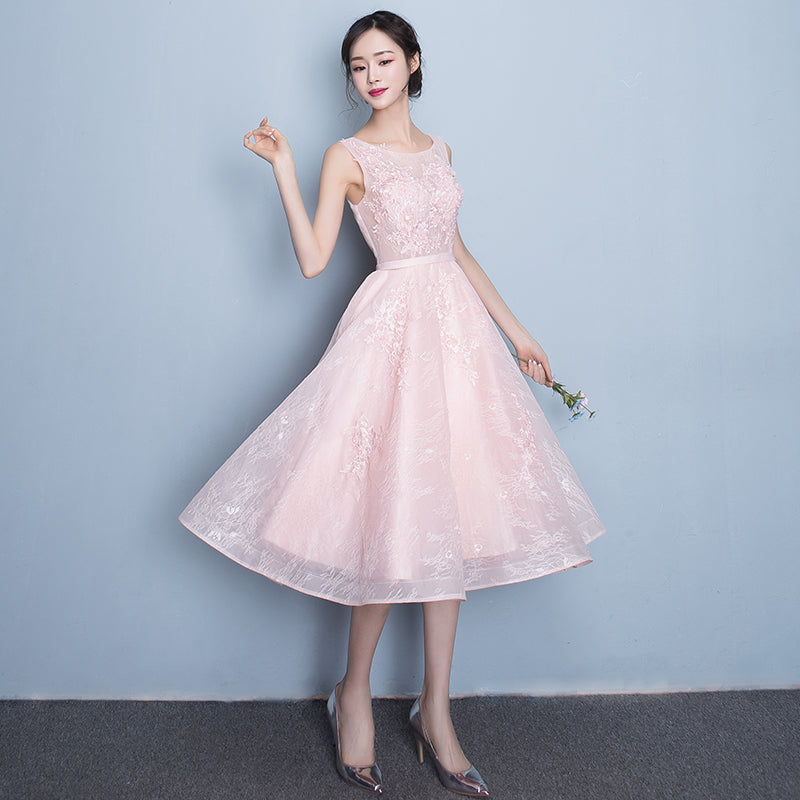 Pink round neck lace party dress, lace homecoming dress c3261