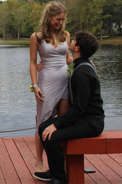Shiny Light Grey V-Neck Short Homecoming Dress c3129