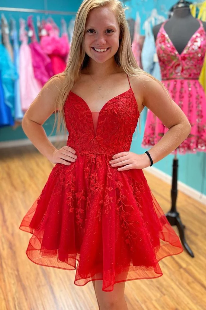 Red Spaghetti Strap Above Keen Starry Tulle Homecoming Dress Graduation Dresses c3383